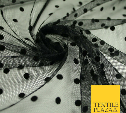 Black 6mm Polka Dot Spotted Flocked Power Mesh Net Stretch Dress Fabric 58" 7071