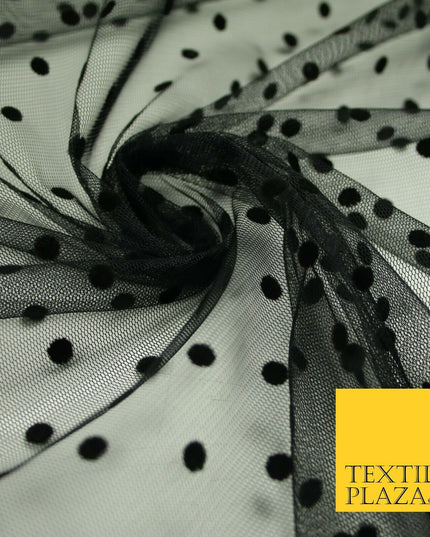 Black 6mm Polka Dot Spotted Flocked Power Mesh Net Stretch Dress Fabric 58" 7071