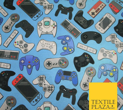 Blue Video Game Controllers Gaming Digital Print 100% Cotton Fabric 59" 7079