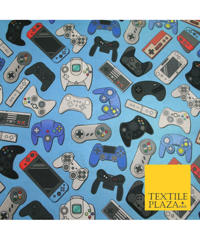 Blue Video Game Controllers Gaming Digital Print 100% Cotton Fabric 59" 7079