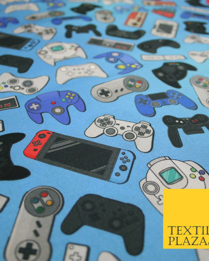Blue Video Game Controllers Gaming Digital Print 100% Cotton Fabric 59" 7079