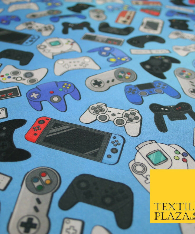 Blue Video Game Controllers Gaming Digital Print 100% Cotton Fabric 59" 7079
