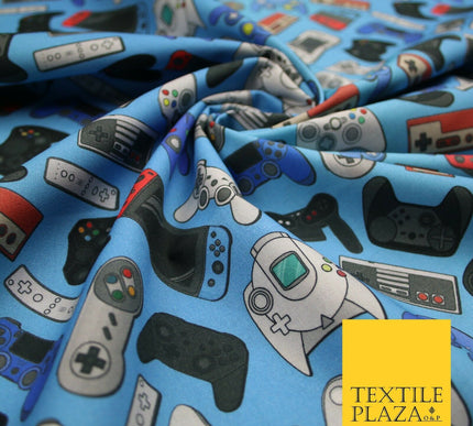 Blue Video Game Controllers Gaming Digital Print 100% Cotton Fabric 59" 7079