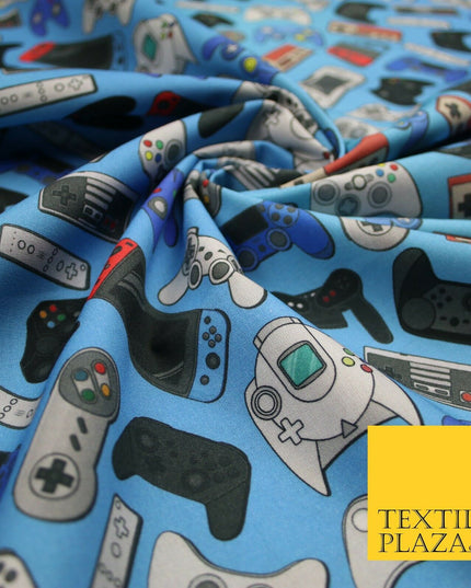 Blue Video Game Controllers Gaming Digital Print 100% Cotton Fabric 59" 7079