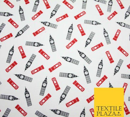 London Themed Jubilee Big Ben Red Postbox Printed 100% Cotton Fabric 54" 7077