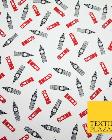 London Themed Jubilee Big Ben Red Postbox Printed 100% Cotton Fabric 54" 7077