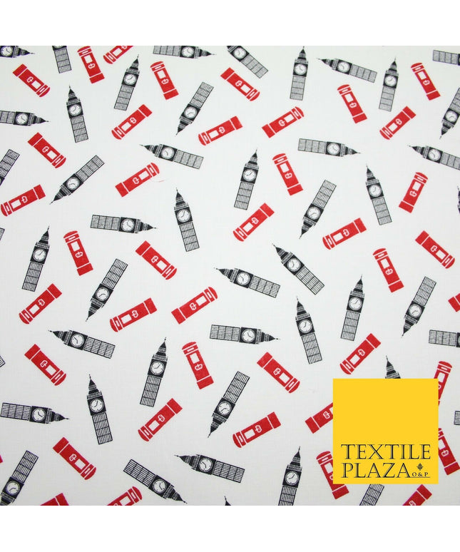 London Themed Jubilee Big Ben Red Postbox Printed 100% Cotton Fabric 54" 7077