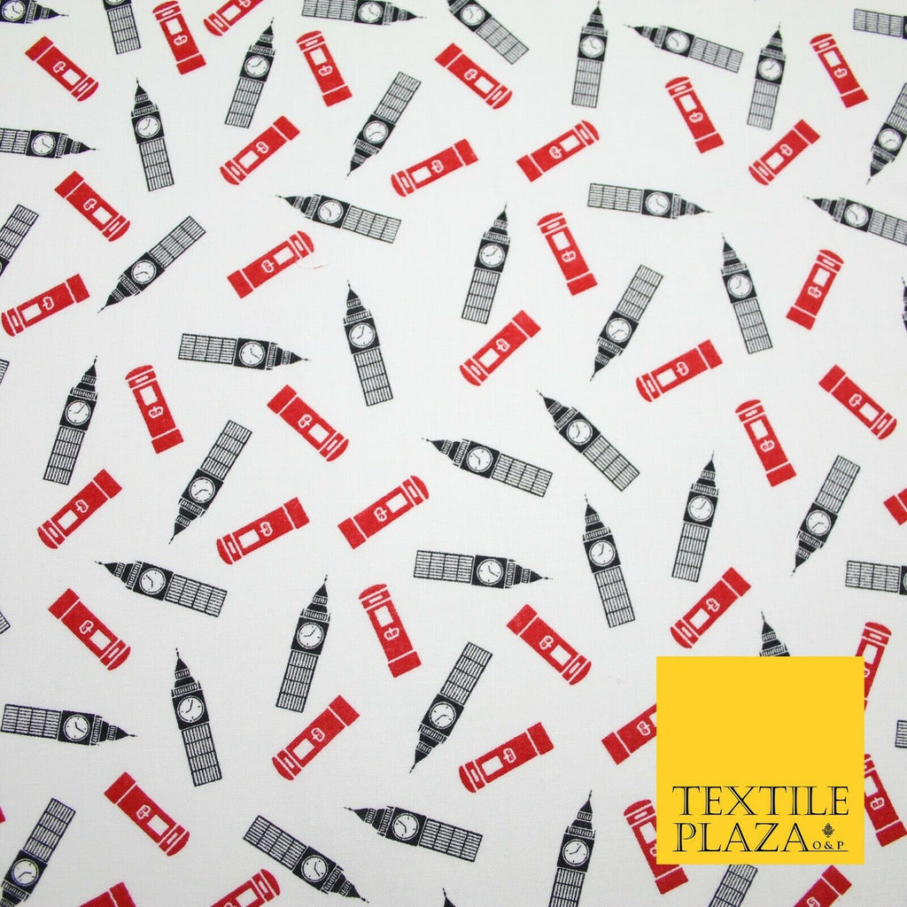 London Themed Jubilee Big Ben Red Postbox Printed 100% Cotton Fabric 54" 7077