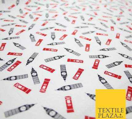 London Themed Jubilee Big Ben Red Postbox Printed 100% Cotton Fabric 54" 7077