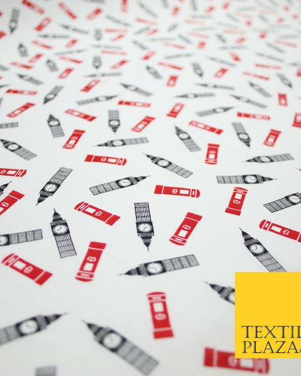 London Themed Jubilee Big Ben Red Postbox Printed 100% Cotton Fabric 54" 7077