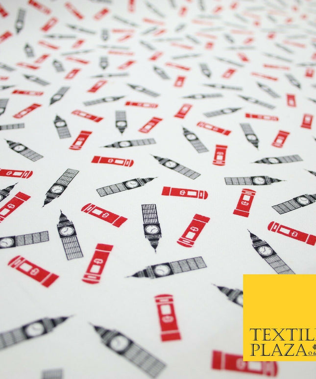 London Themed Jubilee Big Ben Red Postbox Printed 100% Cotton Fabric 54" 7077