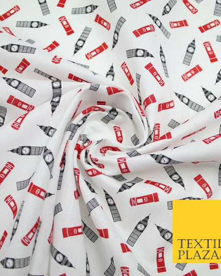 London Themed Jubilee Big Ben Red Postbox Printed 100% Cotton Fabric 54" 7077