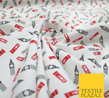 London Themed Jubilee Big Ben Red Postbox Printed 100% Cotton Fabric 54" 7077