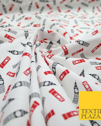 London Themed Jubilee Big Ben Red Postbox Printed 100% Cotton Fabric 54" 7077