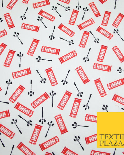 White Red London Telephone Box Street Lights Printed 100% Cotton Fabric 54" 7076
