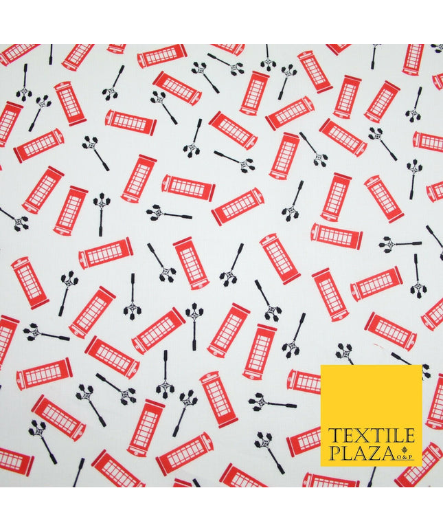 White Red London Telephone Box Street Lights Printed 100% Cotton Fabric 54" 7076