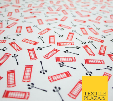 White Red London Telephone Box Street Lights Printed 100% Cotton Fabric 54" 7076