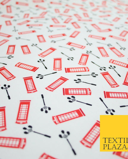 White Red London Telephone Box Street Lights Printed 100% Cotton Fabric 54" 7076