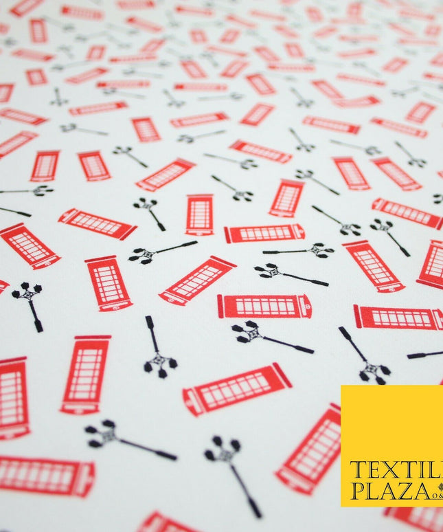 White Red London Telephone Box Street Lights Printed 100% Cotton Fabric 54" 7076