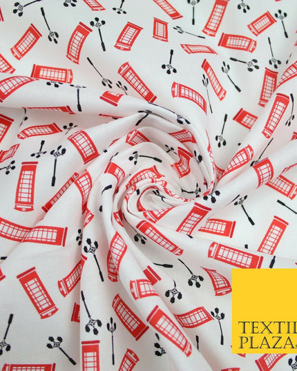 White Red London Telephone Box Street Lights Printed 100% Cotton Fabric 54" 7076