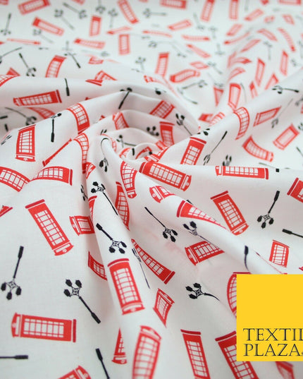 White Red London Telephone Box Street Lights Printed 100% Cotton Fabric 54" 7076
