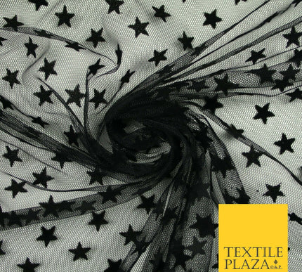 Black Intense Falling Stars Flocked Power Mesh Net Stretch Dress Fabric 58" 7067