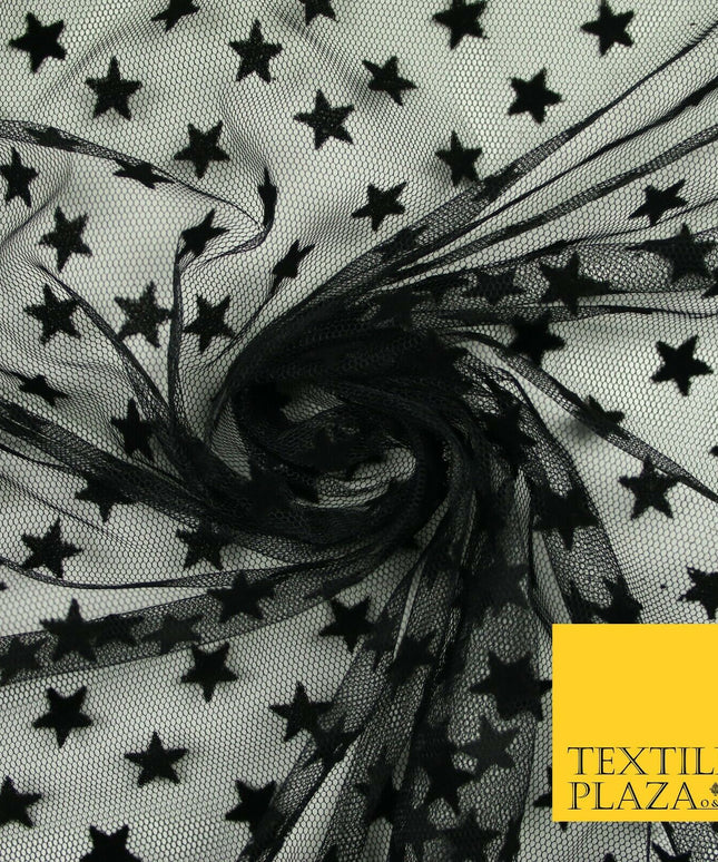 Black Intense Falling Stars Flocked Power Mesh Net Stretch Dress Fabric 58" 7067