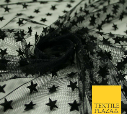 Black Intense Falling Stars Flocked Power Mesh Net Stretch Dress Fabric 58" 7067