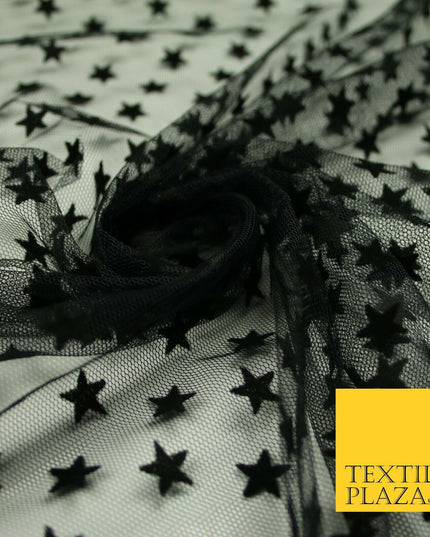 Black Intense Falling Stars Flocked Power Mesh Net Stretch Dress Fabric 58" 7067