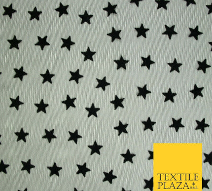 Black 1.5cm Falling Stars Flocked Power Mesh Net Stretch Dress Fabric 58" 7066
