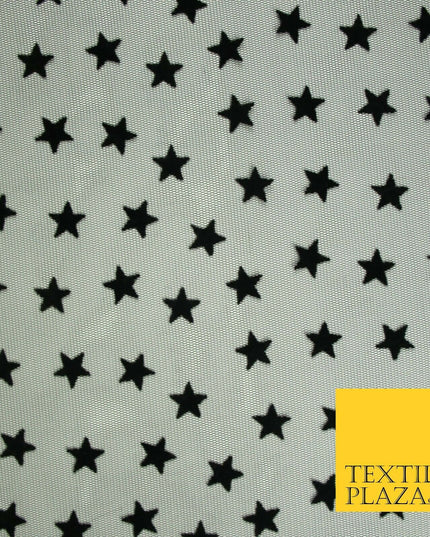 Black 1.5cm Falling Stars Flocked Power Mesh Net Stretch Dress Fabric 58" 7066