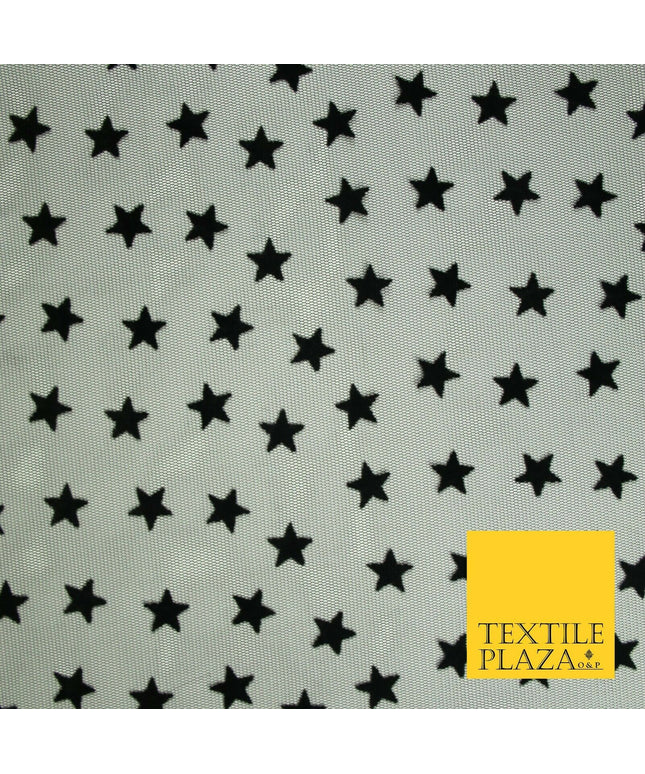 Black 1.5cm Falling Stars Flocked Power Mesh Net Stretch Dress Fabric 58" 7066
