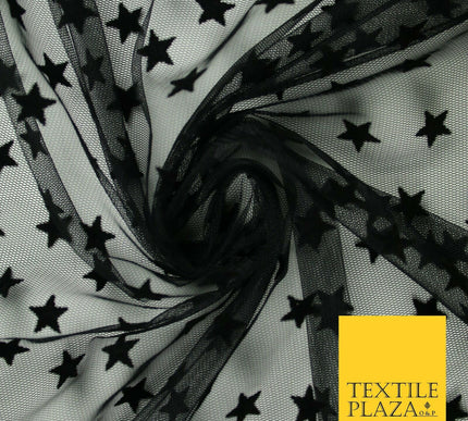 Black 1.5cm Falling Stars Flocked Power Mesh Net Stretch Dress Fabric 58" 7066