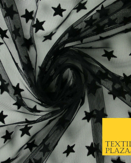 Black 1.5cm Falling Stars Flocked Power Mesh Net Stretch Dress Fabric 58" 7066