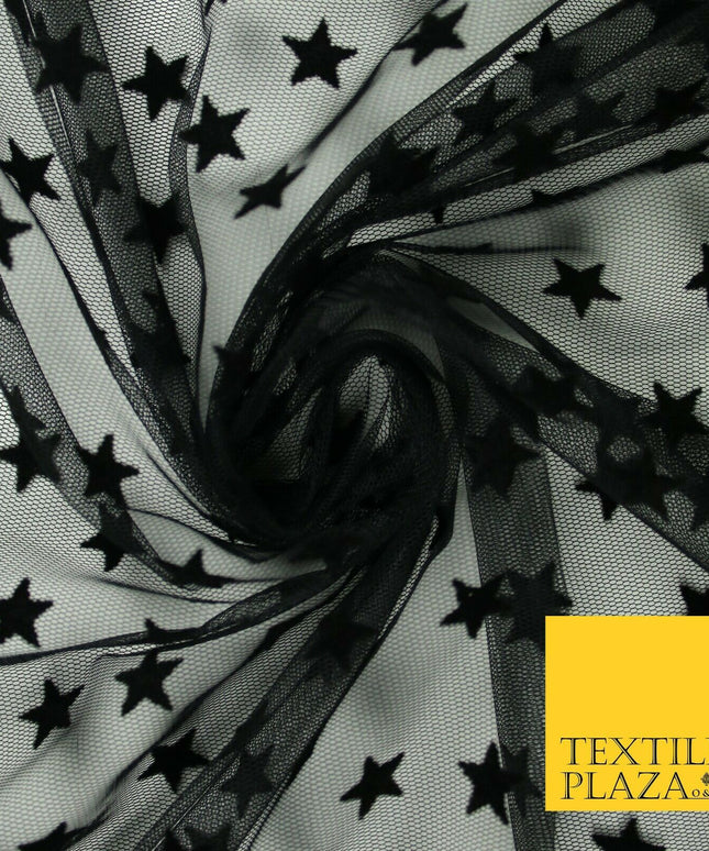 Black 1.5cm Falling Stars Flocked Power Mesh Net Stretch Dress Fabric 58" 7066