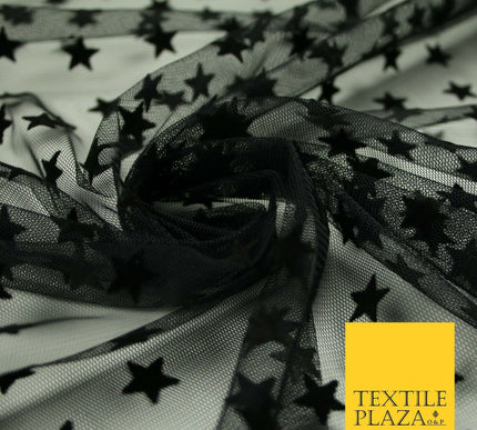 Black 1.5cm Falling Stars Flocked Power Mesh Net Stretch Dress Fabric 58" 7066