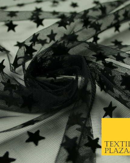 Black 1.5cm Falling Stars Flocked Power Mesh Net Stretch Dress Fabric 58" 7066