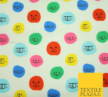 Ivory Colourful Smiley Faces Brushed Polycotton Winceyette Printed Fabric 7184