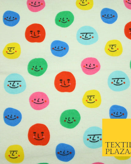 Ivory Colourful Smiley Faces Brushed Polycotton Winceyette Printed Fabric 7184