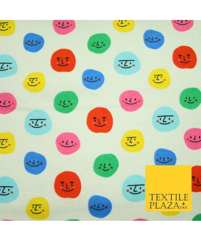 Ivory Colourful Smiley Faces Brushed Polycotton Winceyette Printed Fabric 7184