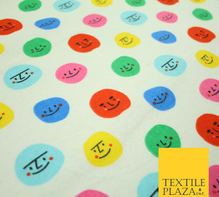 Ivory Colourful Smiley Faces Brushed Polycotton Winceyette Printed Fabric 7184