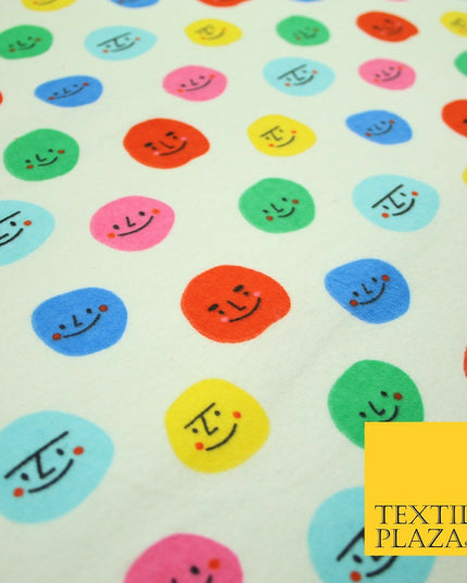 Ivory Colourful Smiley Faces Brushed Polycotton Winceyette Printed Fabric 7184