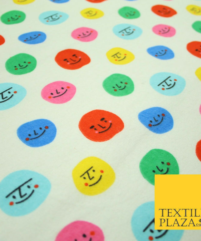 Ivory Colourful Smiley Faces Brushed Polycotton Winceyette Printed Fabric 7184