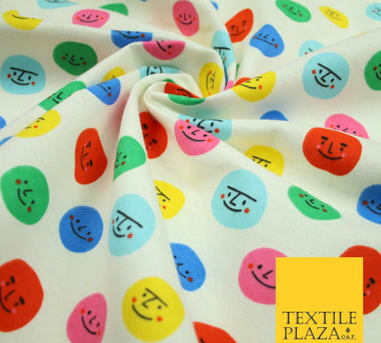 Ivory Colourful Smiley Faces Brushed Polycotton Winceyette Printed Fabric 7184