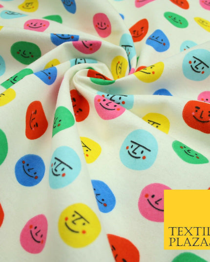 Ivory Colourful Smiley Faces Brushed Polycotton Winceyette Printed Fabric 7184