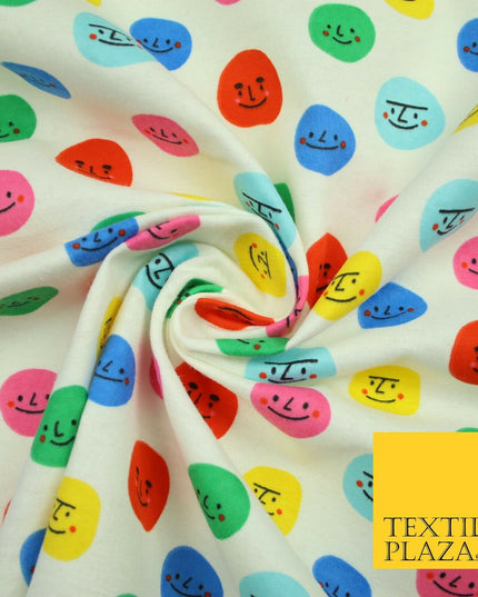 Ivory Colourful Smiley Faces Brushed Polycotton Winceyette Printed Fabric 7184