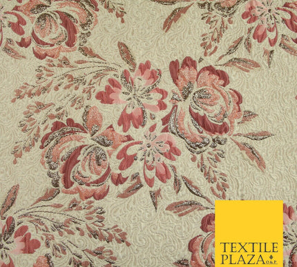 Dusty Pink Cream Ornate Mix Floral Swirls Metallic Textured Brocade Fabric 7173