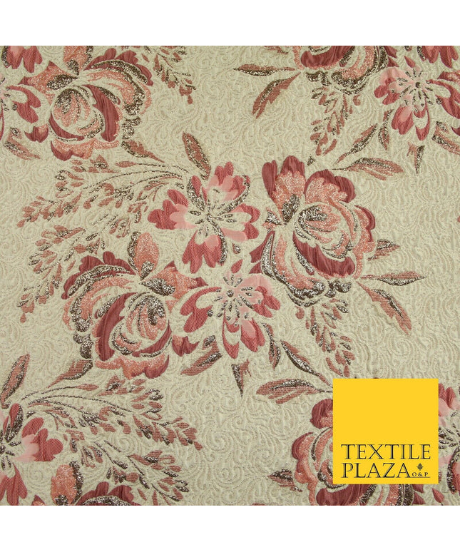 Dusty Pink Cream Ornate Mix Floral Swirls Metallic Textured Brocade Fabric 7173