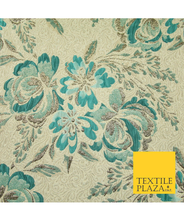 Cream Jade Teal Ornate Mix Floral Swirls Metallic Textured Brocade Fabric 7170