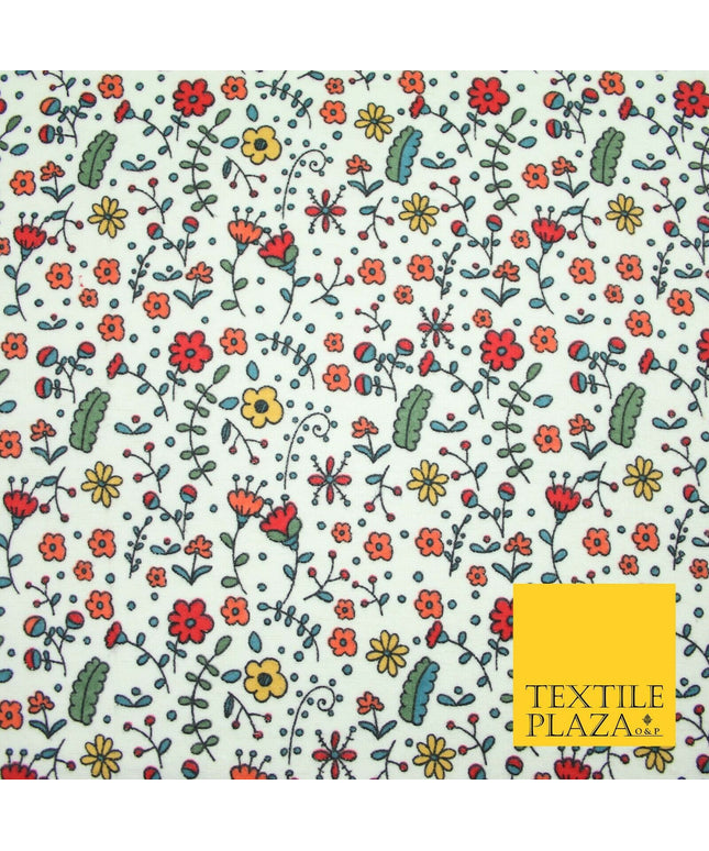 Ivory Colourful Artsy Floral Winceyette Brushed Polycotton Print Fabric 7177